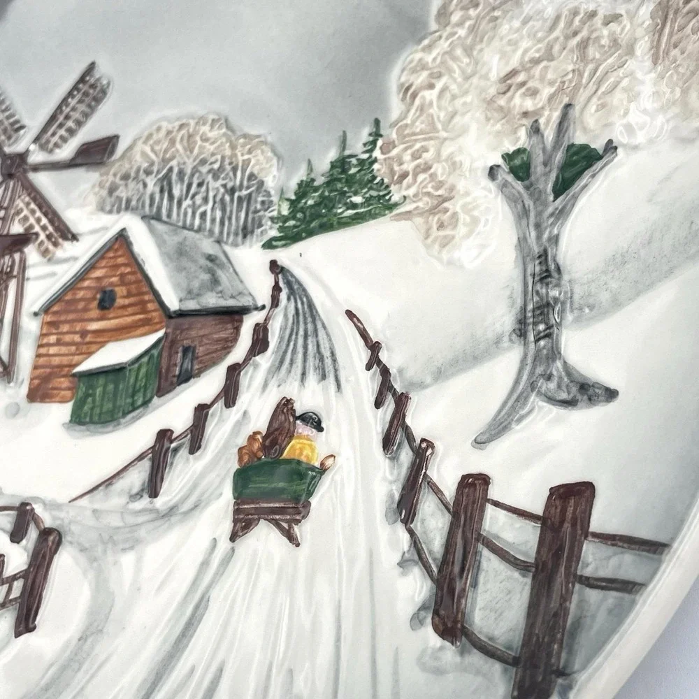 Vintage 1978 West Germany 3D Relief Winter Village‎ Windmill Wall Plate 9.25